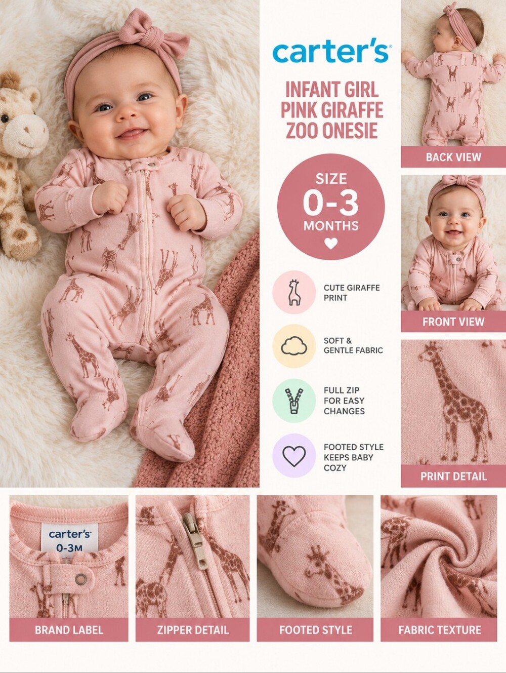 Carters infant girl 0-3m Pink giraffe zoo onesie #36